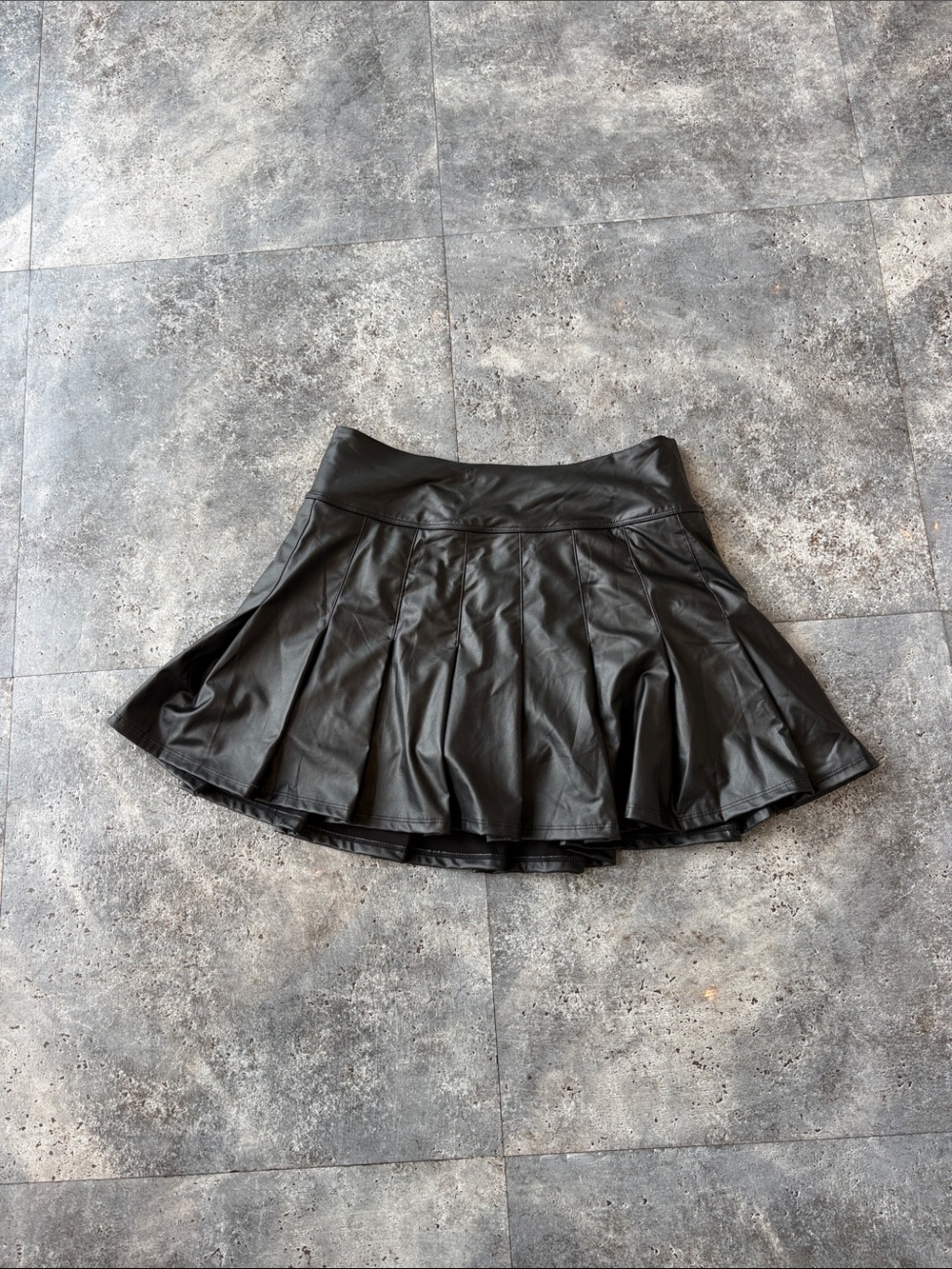 aerie Black Faux Leather Pleated Skater Skirt